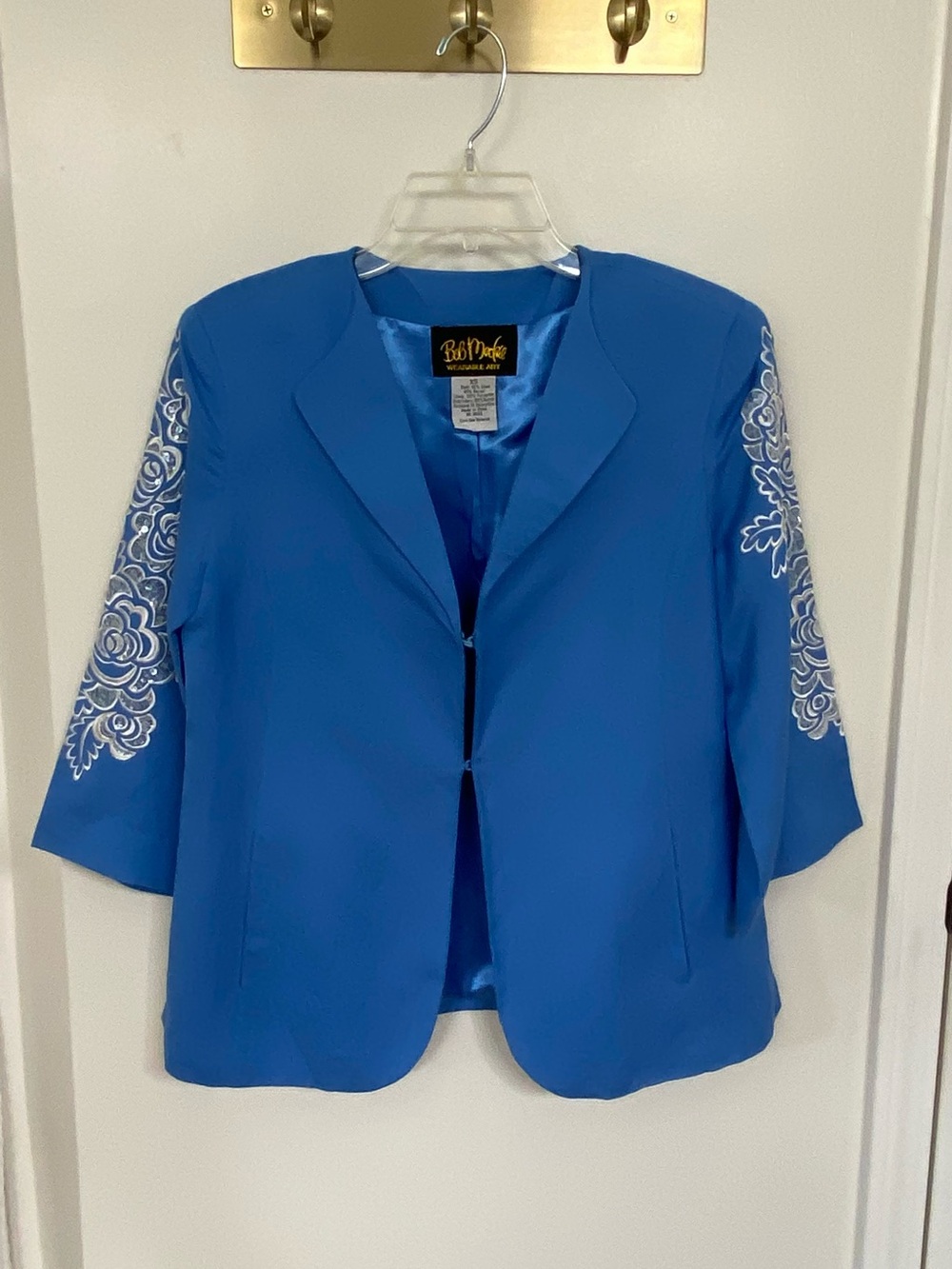 Bob Mackie Wearable Art Blue Embroidered Sequin Blazer Jacket XS Linen Rayon